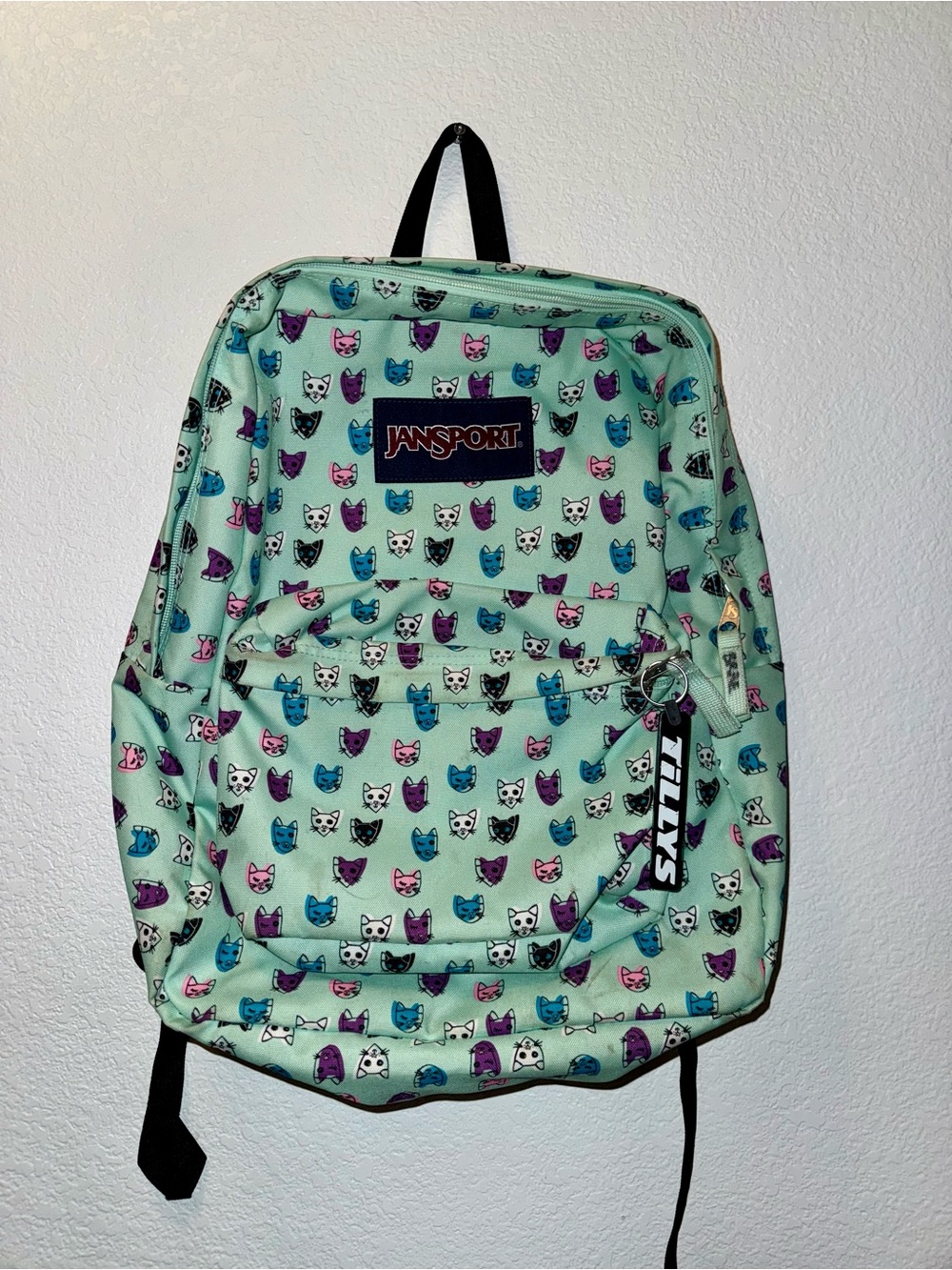 JanSport Mint Green Backpack with Colorful Cat Faces